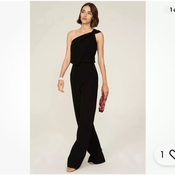 NWT Halston Hertiage Jumpsuit Black One Shoulder Size 10